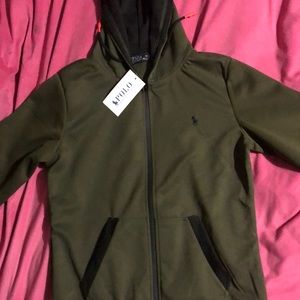 dark green Polo hoodie, zip up, never worn, still has tags